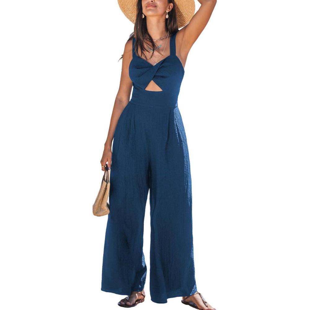 imageCUPSHE Womens Romper V Neck Cami Keyhole Straight leg Jumpsuit Wide leg Outfit Casual DressyBlue Navy