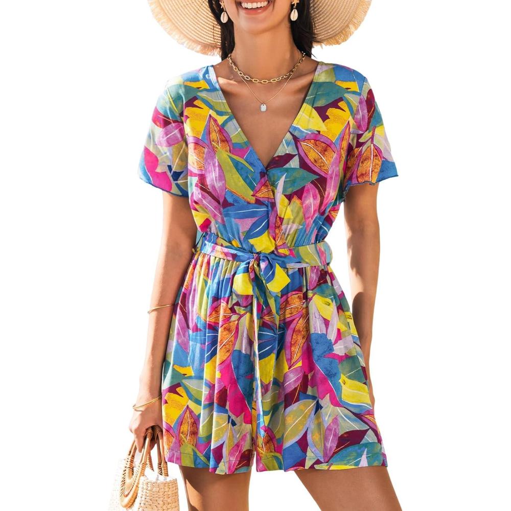 imageCUPSHE Womens Romper V Neck Short Sleeves Colorful Tropical Jumpsuit Straight leg Outfit Casual DressyTropical Leaf