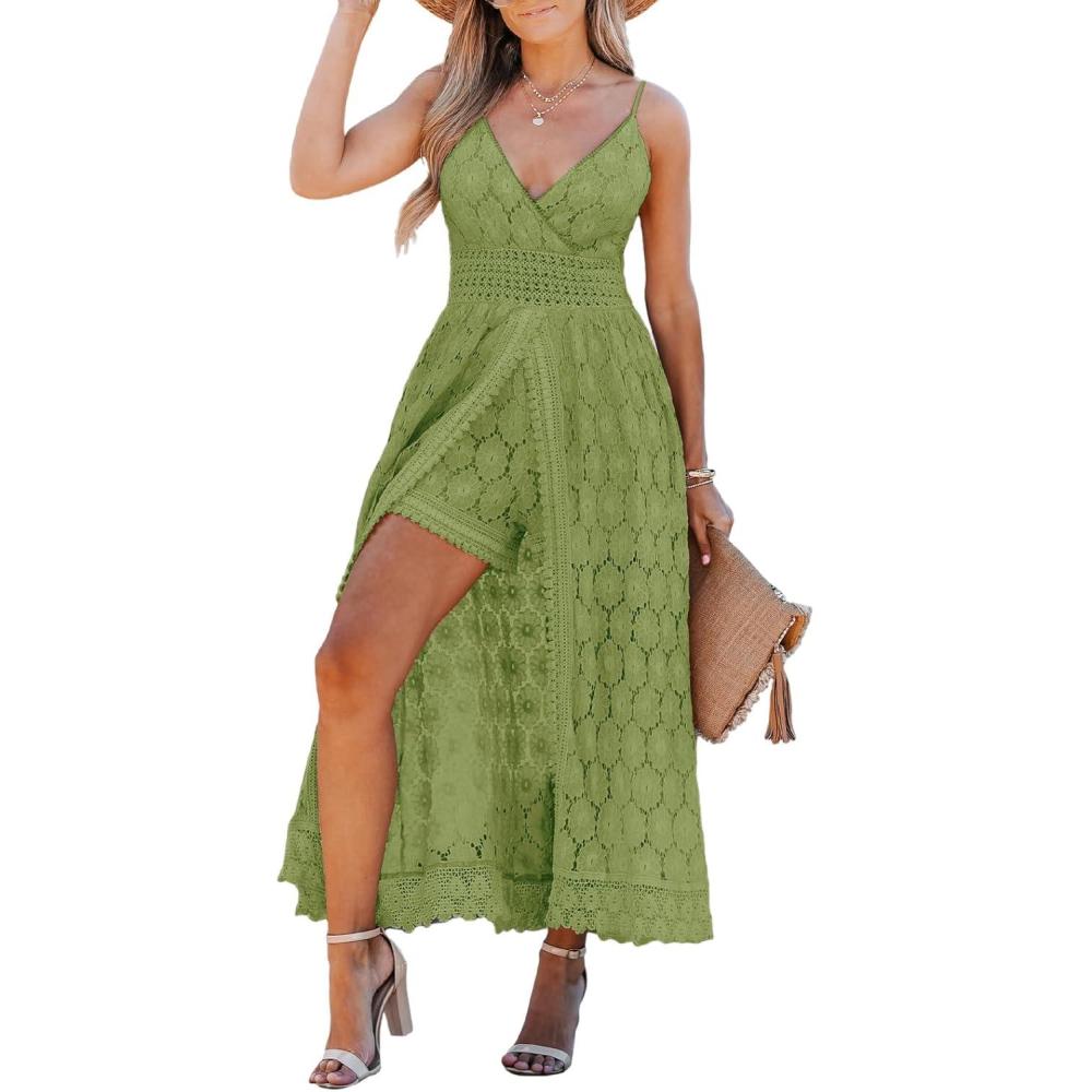 imageCUPSHE Womens Ruching Smocking Jumpsuit Summer Slip V Neck Backless Maxi High LowGreen