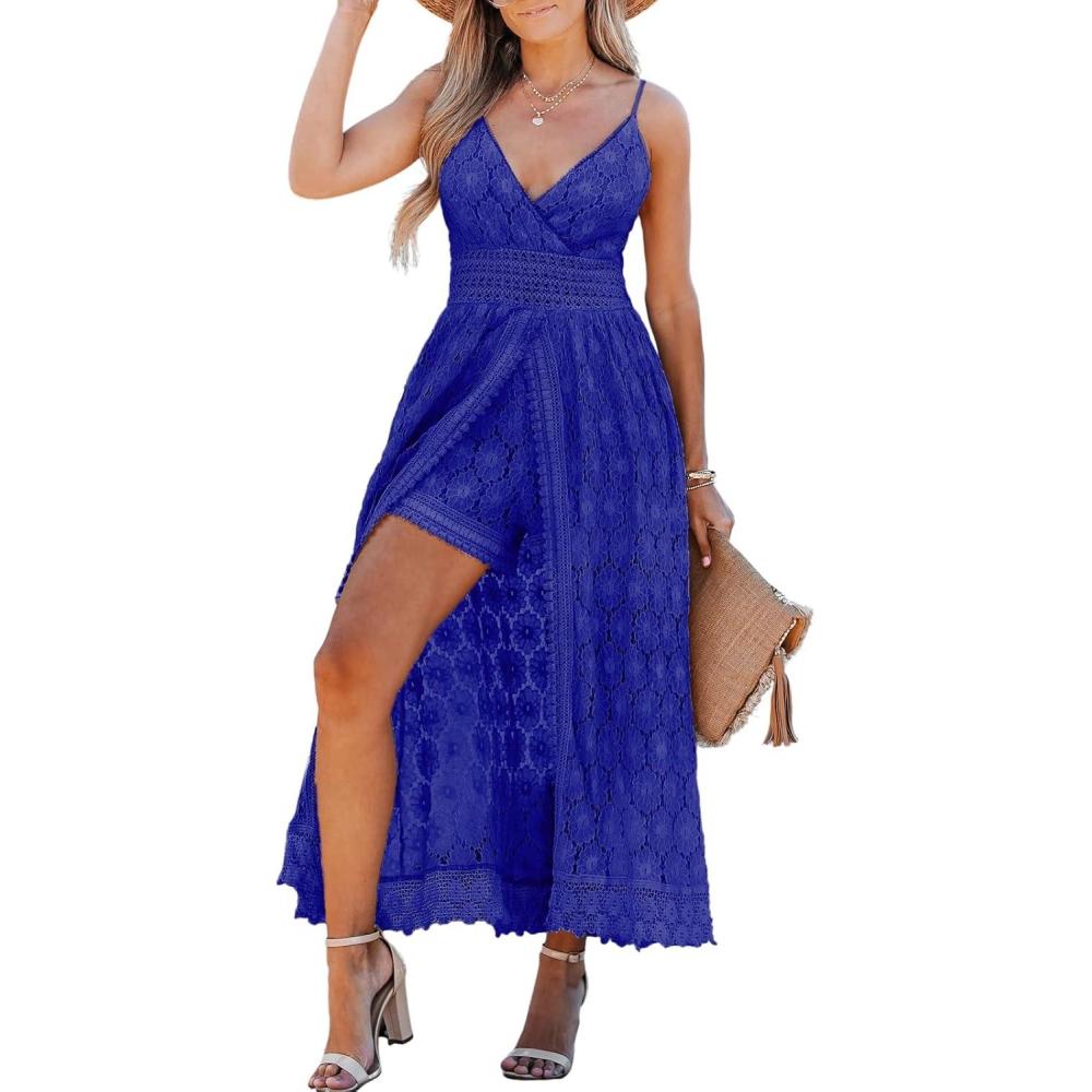 imageCUPSHE Womens Ruching Smocking Jumpsuit Summer Slip V Neck Backless Maxi High LowRoyal Blue