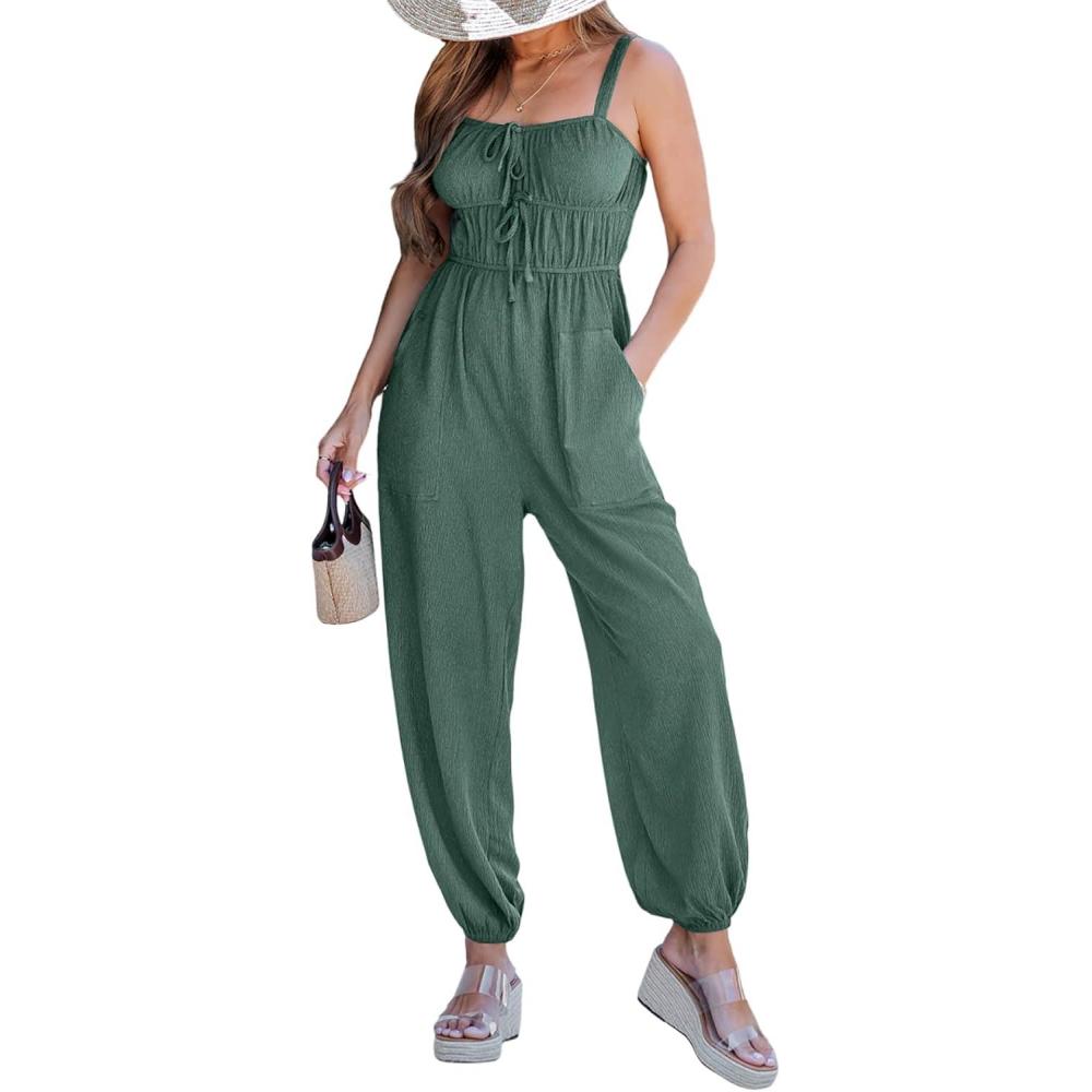imageCUPSHE Womens Sleeveless Jumpsuit Summer Drawstring Tied Pockets Wide Leg One Piece Romper Casual Outfit Beach VacationOlive