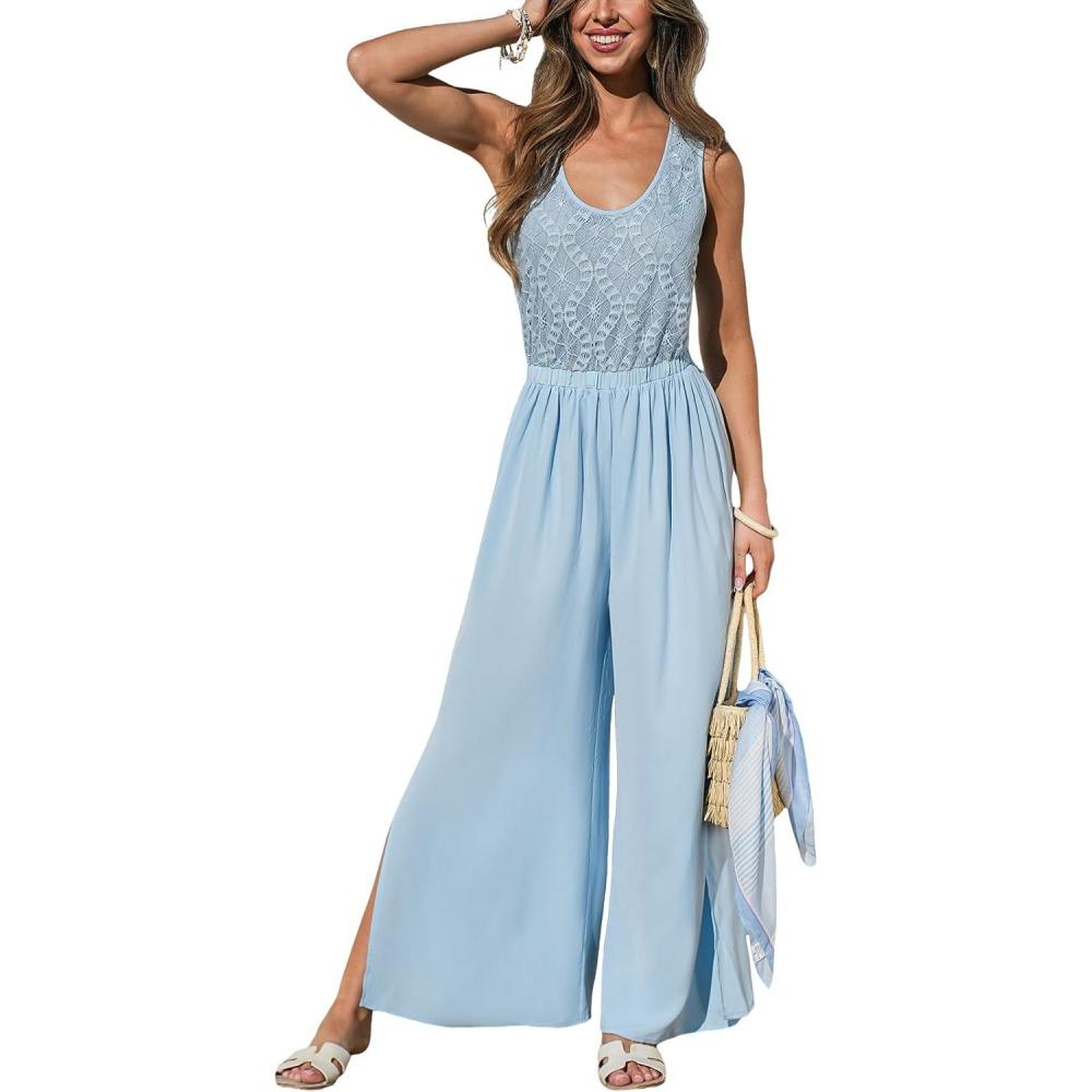 imageCUPSHE Womens Sleeveless Jumpsuit Summer Wide Leg One Piece Romper Casual Elegant Outfit for Beach Party Travel OutfitsBlue