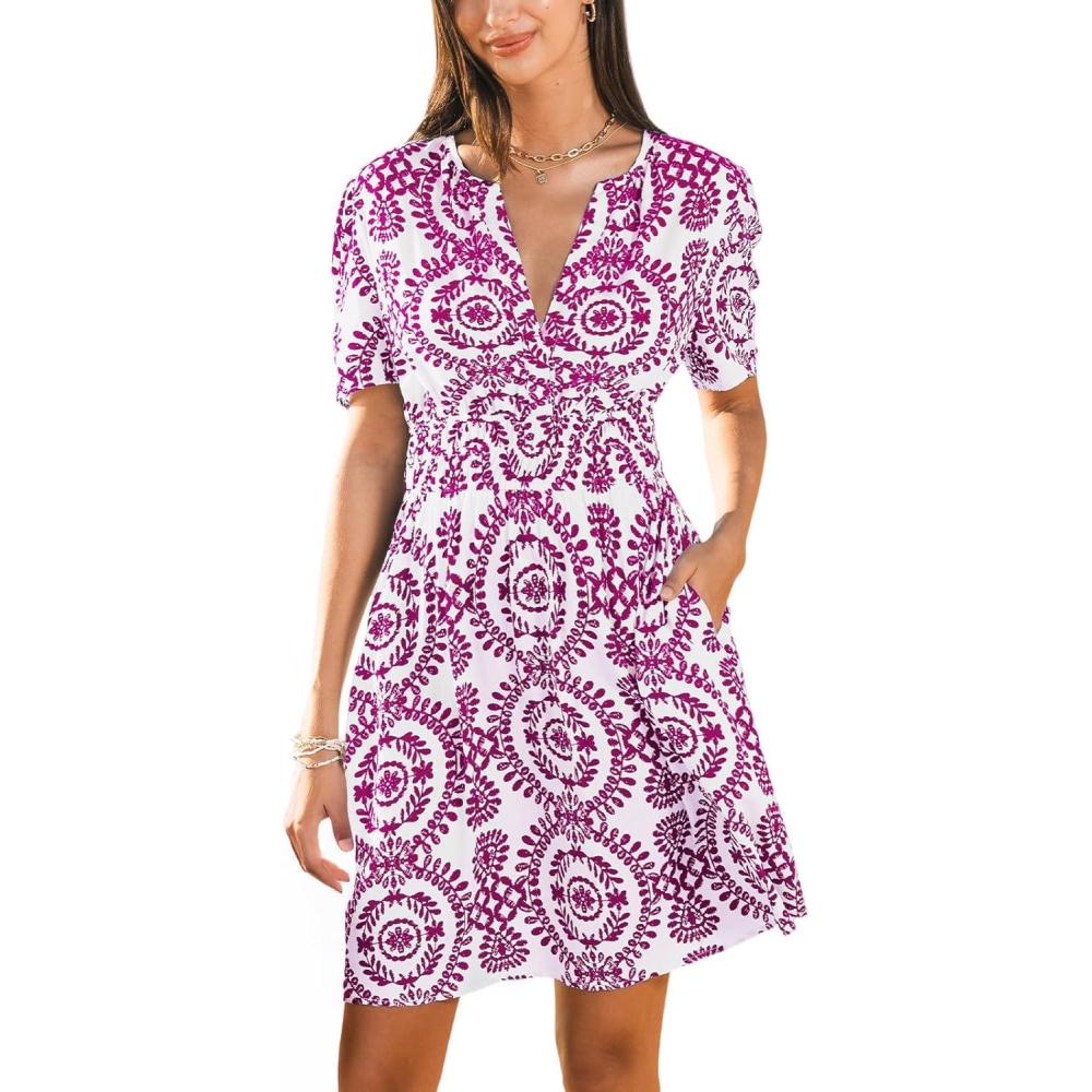 imageCUPSHE Womens Summer Dresses 2025 V Neck Short Sleeve Flowy Aline Beach Vacation Dress with PocketsPink