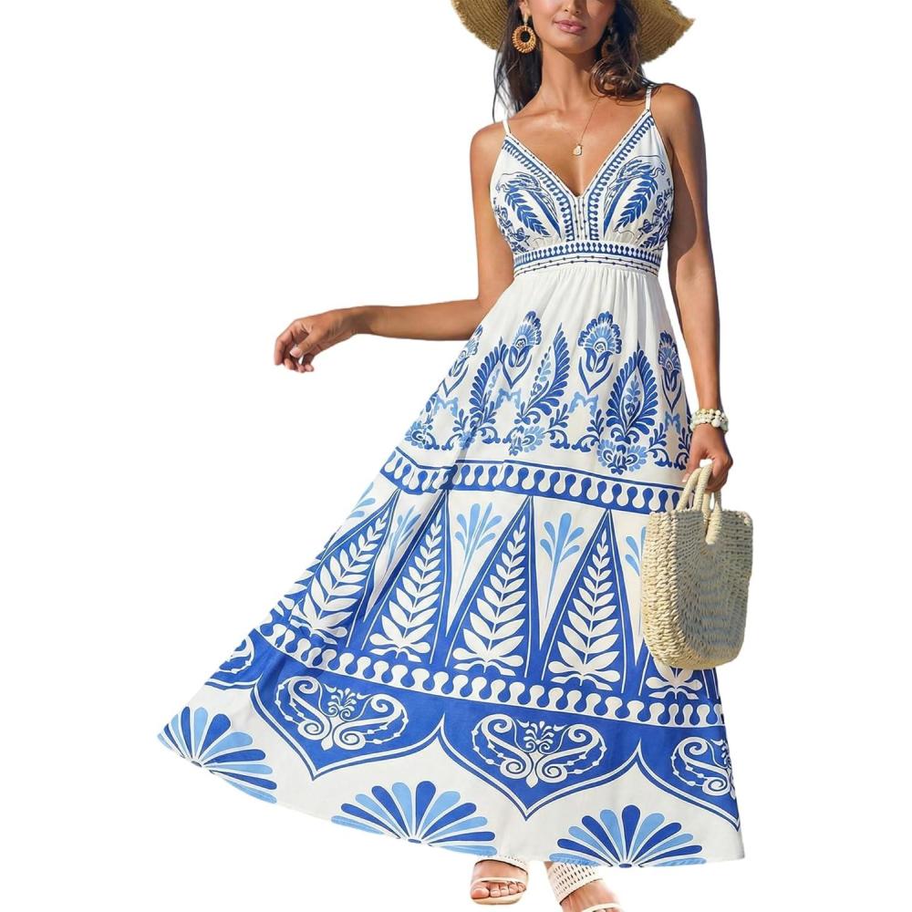 imageCUPSHE Womens Summer Dresses Casual Spring V Neck Sleeveless Floral Beach Vacation Long Spaghetti Strap Flowy Maxi DressBlue Paisley