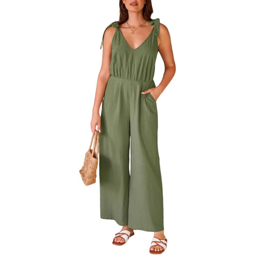 imageCUPSHE Womens Summer Jumpsuit 100 Cotton Beach Vacation V Neck Tie Strap Sleeveless Wide Leg Jumpsuit with PocketsGreen