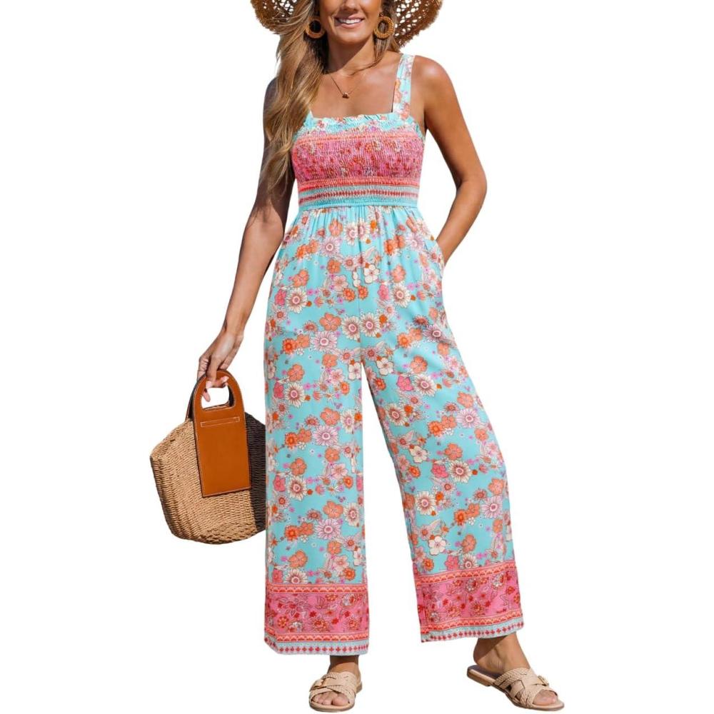 imageCUPSHE Womens Summer Jumpsuit Disty Floral Elastic High Waist Sleeveless Wide Leg Beach Vacation Boho Jumpsuit with PocketsMint