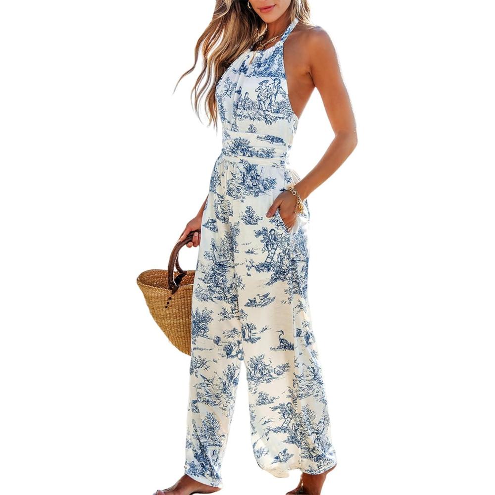imageCUPSHE Womens Summer Jumpsuit Halter Casual Dressy Sleeveless One Piece Outfit Pockets Wide leg Pants RomperBlue Printed