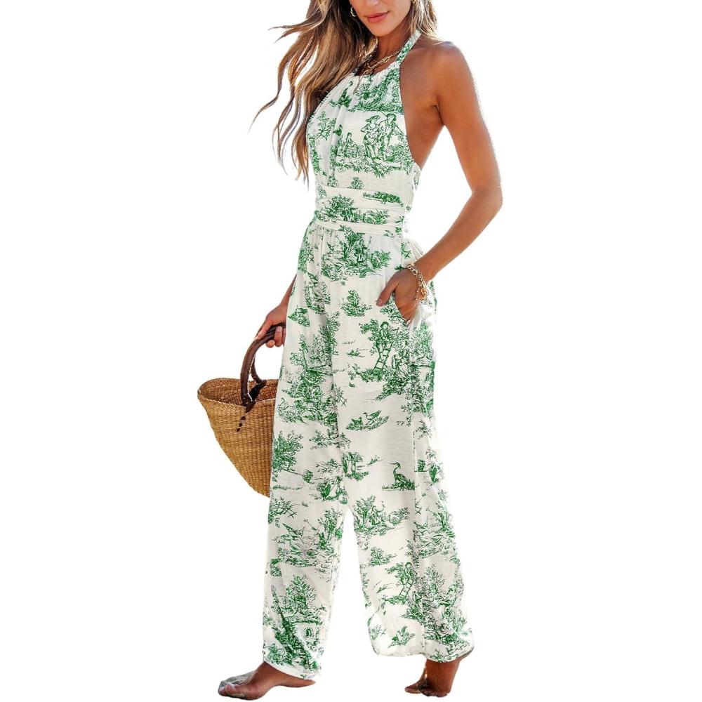 imageCUPSHE Womens Summer Jumpsuit Halter Casual Dressy Sleeveless One Piece Outfit Pockets Wide leg Pants RomperGreen Printed