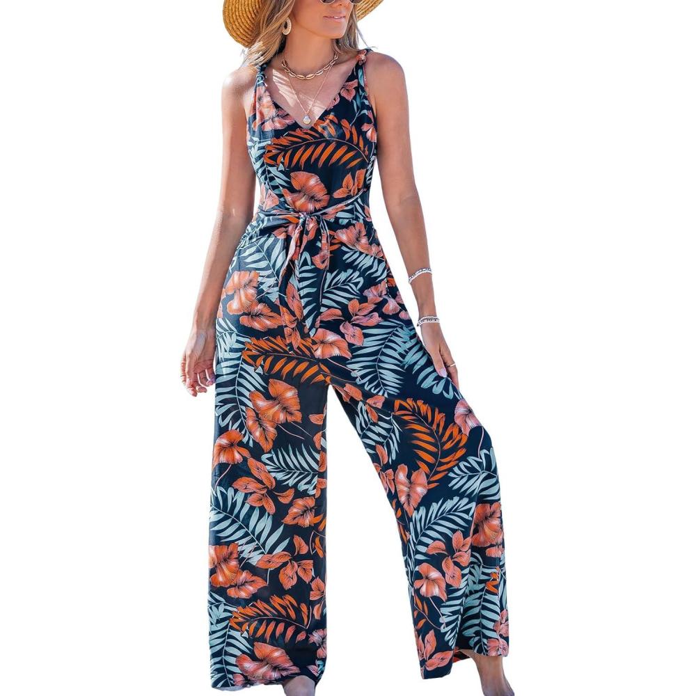 imageCUPSHE Womens Summer Jumpsuits Sleeveless Tie Knot Wide Leg Long Pants Romper with PocketsOrange