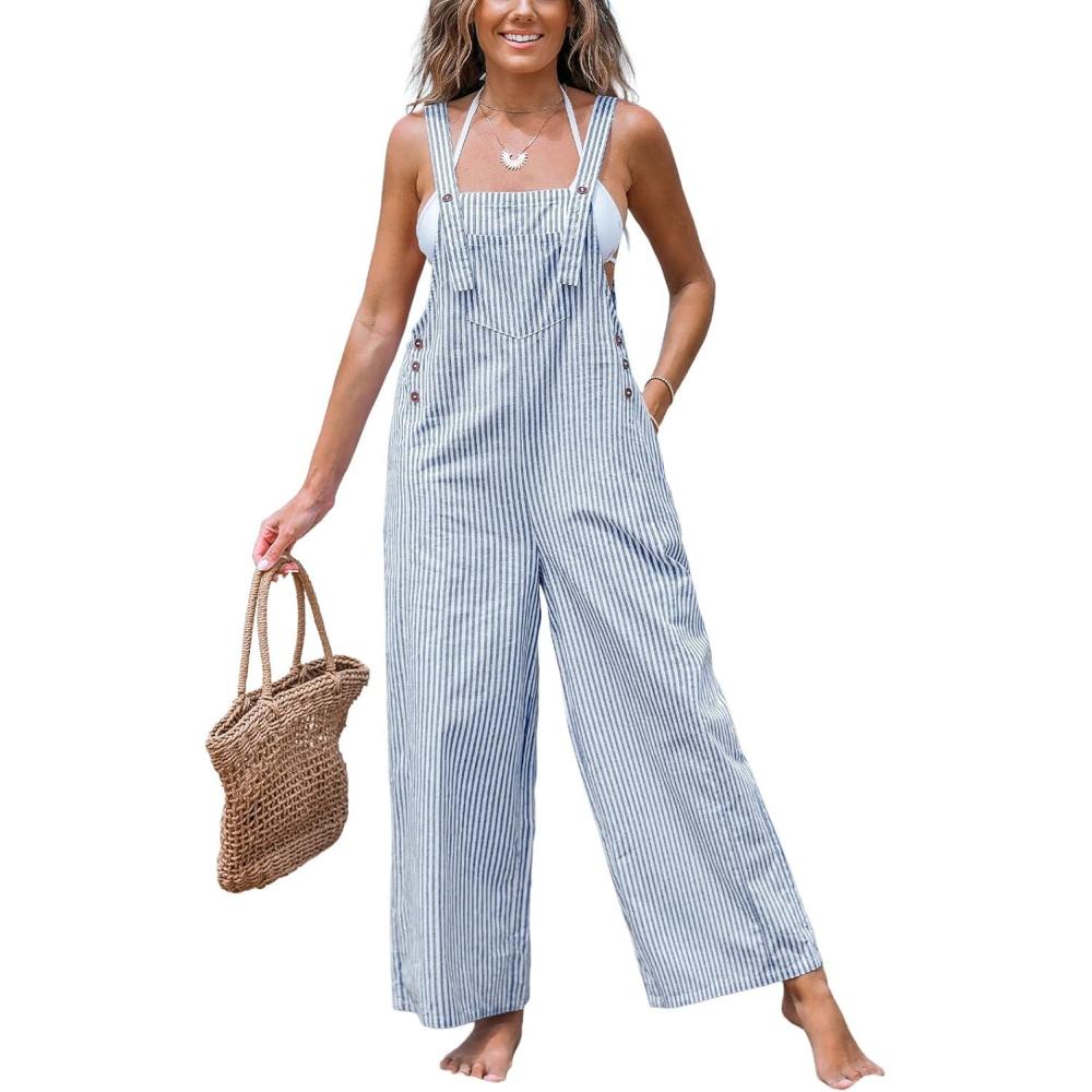 imageCUPSHE Womens Summer Jumpsuits Striped Wide Leg Overall Casual Straps Button Loose Maxi Rompers with PocketsNavy Striped
