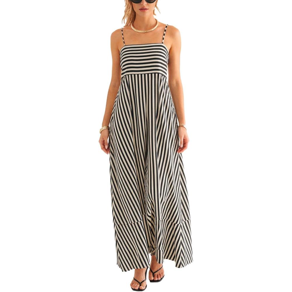 imageCUPSHE Womens Summer Maxi Dress Casual Sleeveless Square Neck Striped Beach Long Dress with PocketsBlack