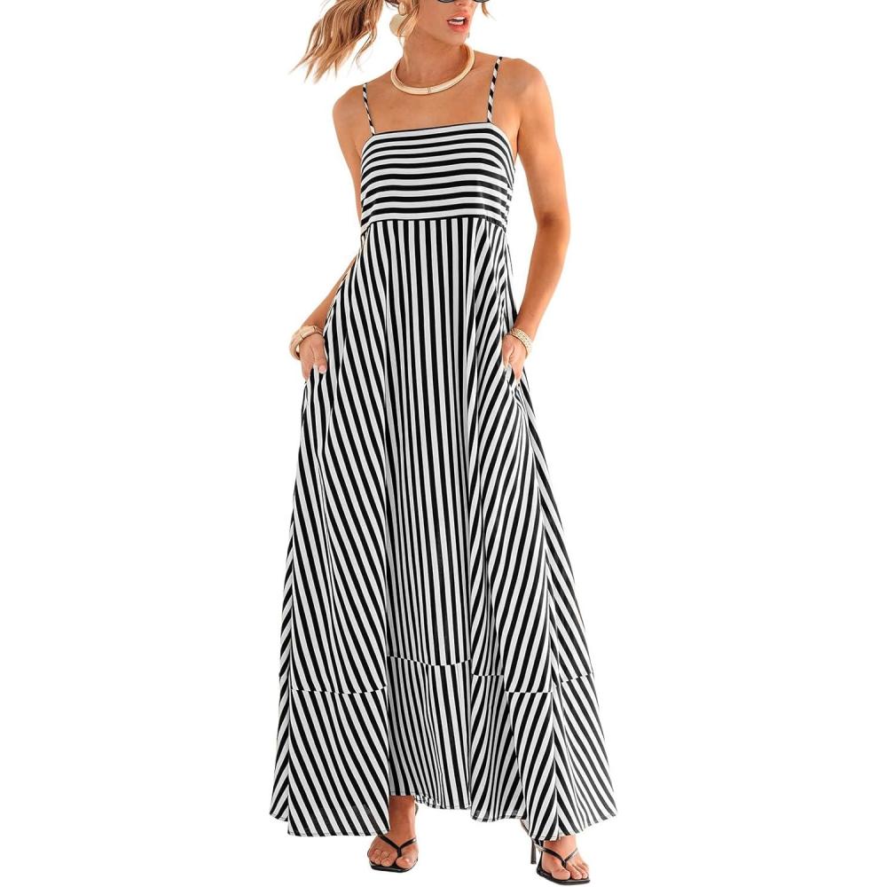 imageCUPSHE Womens Summer Maxi Dress Casual Sleeveless Square Neck Striped Beach Long Dress with PocketsBlack Striped