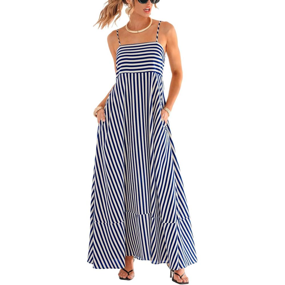 imageCUPSHE Womens Summer Maxi Dress Casual Sleeveless Square Neck Striped Beach Long Dress with PocketsBlue Striped