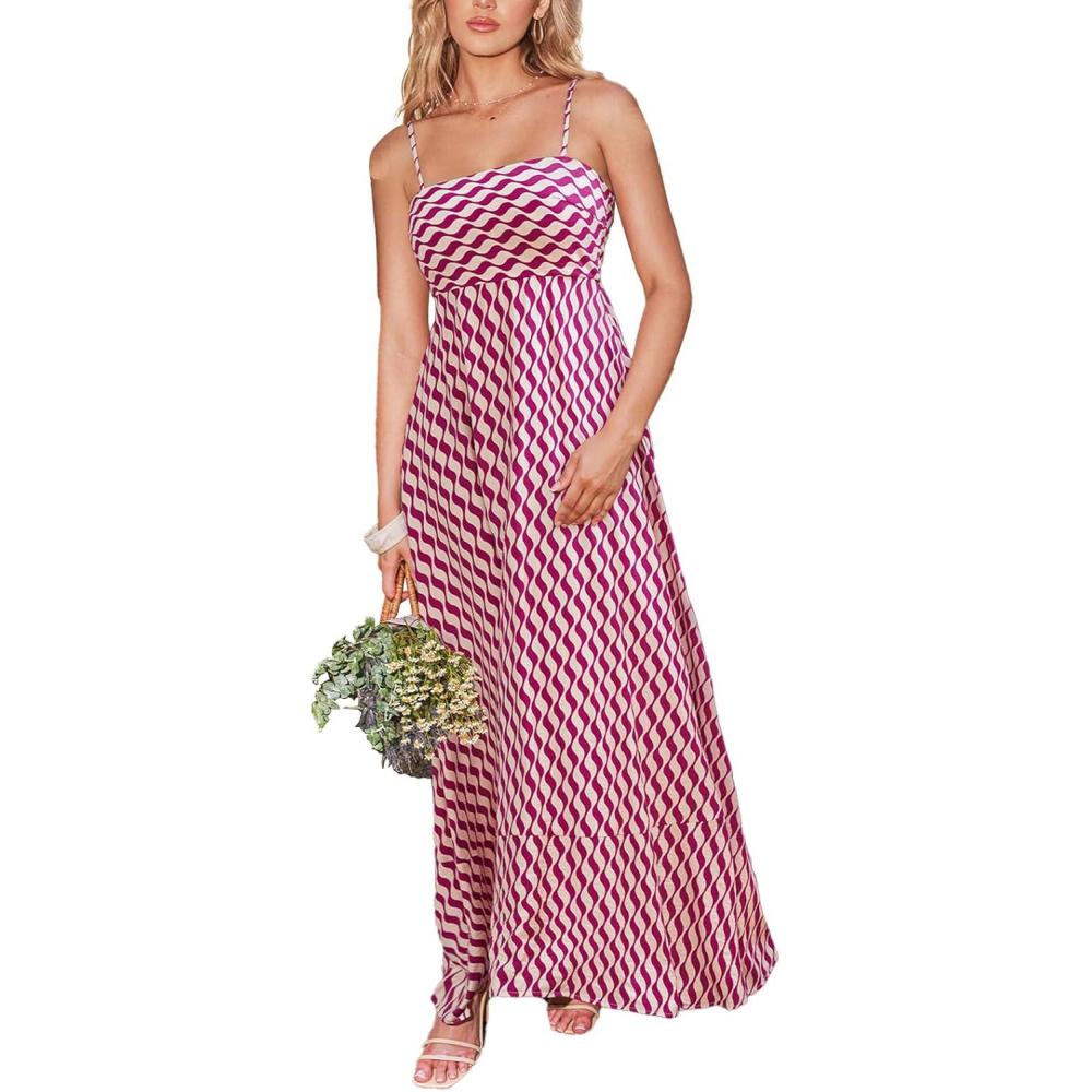 imageCUPSHE Womens Summer Maxi Dress Casual Sleeveless Square Neck Striped Beach Long Dress with PocketsLavender Wavy Striped