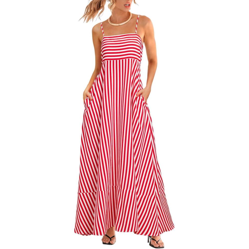 imageCUPSHE Womens Summer Maxi Dress Casual Sleeveless Square Neck Striped Beach Long Dress with PocketsRed