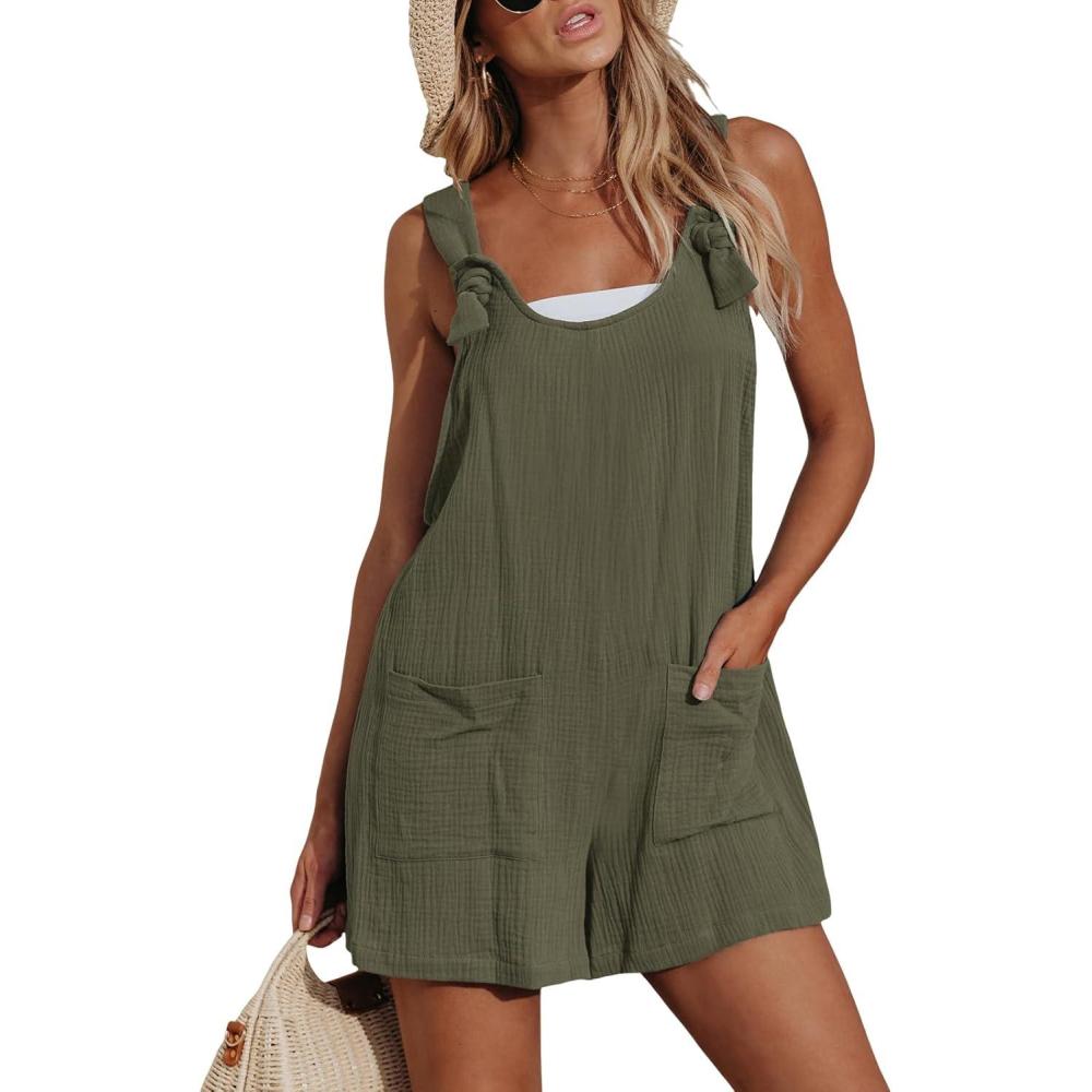 imageCUPSHE Womens Summer Sleeveless Overall Adjustable Loose Jumpsuit Beach Romper Travel Vacation Outfits with PocketsDark Green