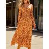 CUPSHE Maxi Dresses for Women V Neck Ruffled Long Sleeve Paisley Smocked Waist A Line Casual Flowy Fall Wedding Guest Dress(Burnt Orange)