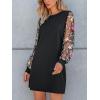 CUPSHE Mini Dresses for Women Round Neck Sheer Long Sleeve Floral Knit A Line Fall Casual Dress(Black)