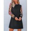 CUPSHE Mini Dresses for Women Round Neck Sheer Long Sleeve Floral Knit A Line Fall Casual Dress(Black)
