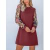 CUPSHE Mini Dresses for Women Round Neck Sheer Long Sleeve Floral Knit A Line Fall Casual Dress(Burgundy)