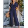 CUPSHE One Piece Jumpsuits for Women Casual Summer V Neck Batwing Sleeve Wide Leg Elegant Overalls Sexy Vacation Outfits(Blue Black)
