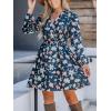 CUPSHE Women Floral Ruffle Summer Dress Surplice V Neck Long Peasant Sleeve Elastic Waist Flowy Casual Holiday Mini Dress(Blue Floral)