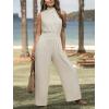 CUPSHE Women Floral Summer Maxi Jumpsuit with Pocket Mock Neck Elastic Waist Wide Leg Business Wedding Casual Holiday Dressy(Beige)