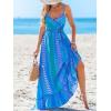 CUPSHE Women Maxi Dresses Spaghetti Straps V Neck Sleeveless Belted Beach Boho Ruffled Summer Pockets Vacation Casual Dress(Blue Striped)