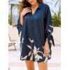 CUPSHE Women Mini Summer Dress Cover Up Oversize Floral Shirt 3/4 Sleeve Cuff Tie Button Down Beach Dresses Cover Up Top(Blue Floral)
