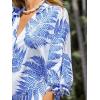 CUPSHE Women Mini Summer Dress Cover Up Oversize Floral Shirt 3/4 Sleeve Cuff Tie Button Down Beach Dresses Cover Up Top(Blue Leaf)