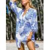 CUPSHE Women Mini Summer Dress Cover Up Oversize Floral Shirt 3/4 Sleeve Cuff Tie Button Down Beach Dresses Cover Up Top(Blue Leaf)