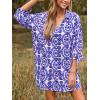 CUPSHE Women Mini Summer Dress Cover Up Oversize Floral Shirt 3/4 Sleeve Cuff Tie Button Down Beach Dresses Cover Up Top(Blue Paisley)