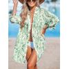 CUPSHE Women Mini Summer Dress Cover Up Oversize Floral Shirt 3/4 Sleeve Cuff Tie Button Down Beach Dresses Cover Up Top(Green Floral)