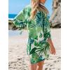 CUPSHE Women Mini Summer Dress Cover Up Oversize Floral Shirt 3/4 Sleeve Cuff Tie Button Down Beach Dresses Cover Up Top(Green Tropical)