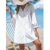CUPSHE Women Mini Summer Dress Cover Up Oversize Floral Shirt 3/4 Sleeve Cuff Tie Button Down Beach Dresses Cover Up Top(White Pinstriped)