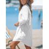 CUPSHE Women Mini Summer Dress Cover Up Oversize Floral Shirt 3/4 Sleeve Cuff Tie Button Down Beach Dresses Cover Up Top(White Pinstriped)