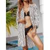 CUPSHE Women Mini Summer Dress Cover Up Oversize Floral Shirt 3/4 Sleeve Cuff Tie Button Down Beach Dresses Cover Up Top(White Striped)