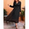 CUPSHE Women’s Fall V Neck Long Sleeve Maxi Dresses Smocked Waist Elegant Cocktail Wedding Guest Dress(Black)