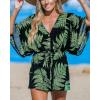 CUPSHE Women’s Jumpsuits Boho Short Sleeve V Neck Wide Leg Overall Tie Outfit Casual Beach(Black/Green Leaves)