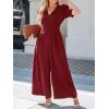 CUPSHE Womens Maxi Jumpsuit Dressy V Neck Half Sleeves Wide Leg Tunic Waist Pockets One Piece Outfit Overall Casual Romper(Burgundy)