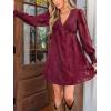 CUPSHE Women’s Mini Fall Dress V Neck Long Sleeves Lace Smocked Casual Short A Line Wedding Guest Dress(Burgundy)