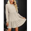 CUPSHE Women’s Mini Fall Dresses Knit Casual Long Sleeve Crew Neck Flowy Tiered Ruffled Short Sweater Dress(Beige)