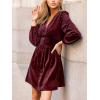CUPSHE Women’s Mini Party Dresses V Neck Button Long Sleeve Smocked Tunic Waist Casual Short Flowy Fall Cocktail Dress(Burgundy)