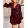 CUPSHE Women’s Mini Party Dresses V Neck Button Long Sleeve Smocked Tunic Waist Casual Short Flowy Fall Cocktail Dress(Burgundy)