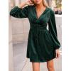 CUPSHE Women’s Mini Party Dresses V Neck Button Long Sleeve Smocked Tunic Waist Casual Short Flowy Fall Cocktail Dress(Green)