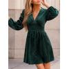 CUPSHE Women’s Mini Party Dresses V Neck Button Long Sleeve Smocked Tunic Waist Casual Short Flowy Fall Cocktail Dress(Green)