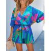 CUPSHE Women’s Mini Romper Summer Beach Vacation Loose Fit Half Sleeve V Neck Resort Wear Tropical Holiday Short Jumpsuit(Blue Pattern)