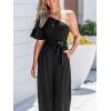 CUPSHE Women’s One Shoulder Jumpsuits Dressy One Piece Short Sleeve Belted Wide Leg Long Pants Jumpsuit(Black)