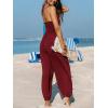 CUPSHE Women’s Plunge Halter Sleeveless Pleated Long Romper Knit Jogger Maxi Jumpsuit with Pockets(Burgundy)