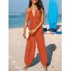 CUPSHE Women’s Plunge Halter Sleeveless Pleated Long Romper Knit Jogger Maxi Jumpsuit with Pockets(Burnt Orange)